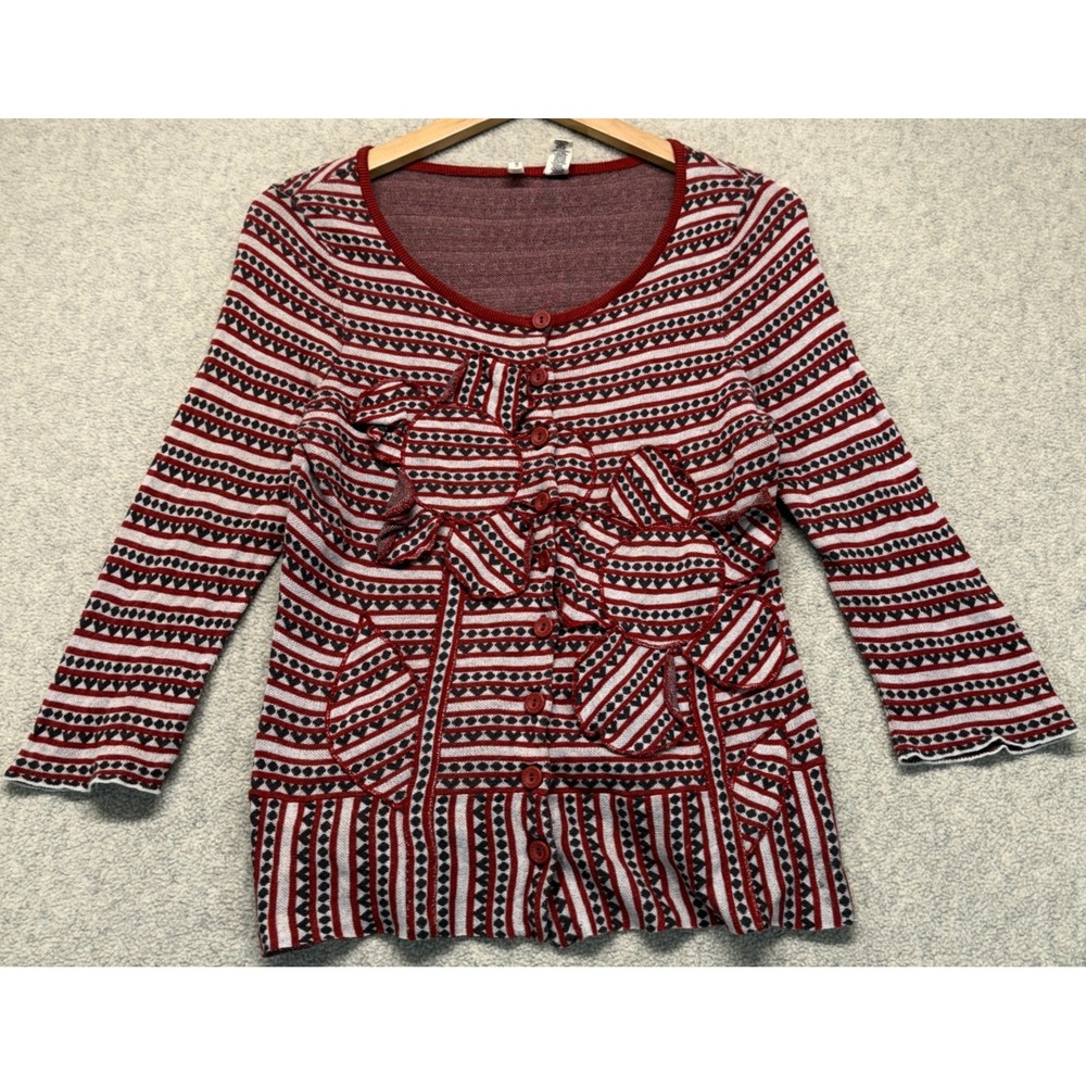 Moth Anthropologie Womens Cardigan Red White Cotton Striped Flower Applique‎ M